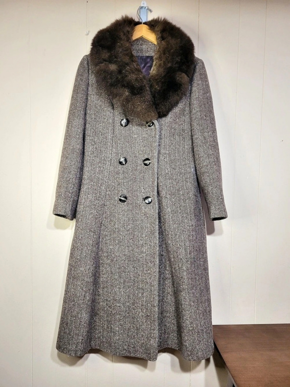 Shagmoor Herringbone Fur Collar Coat in Brown & Beige *Please Read Description